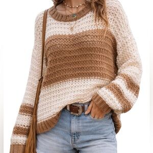 Free People Monaco Cream & Tan Striped Open-Knit Oversized Sweater XS